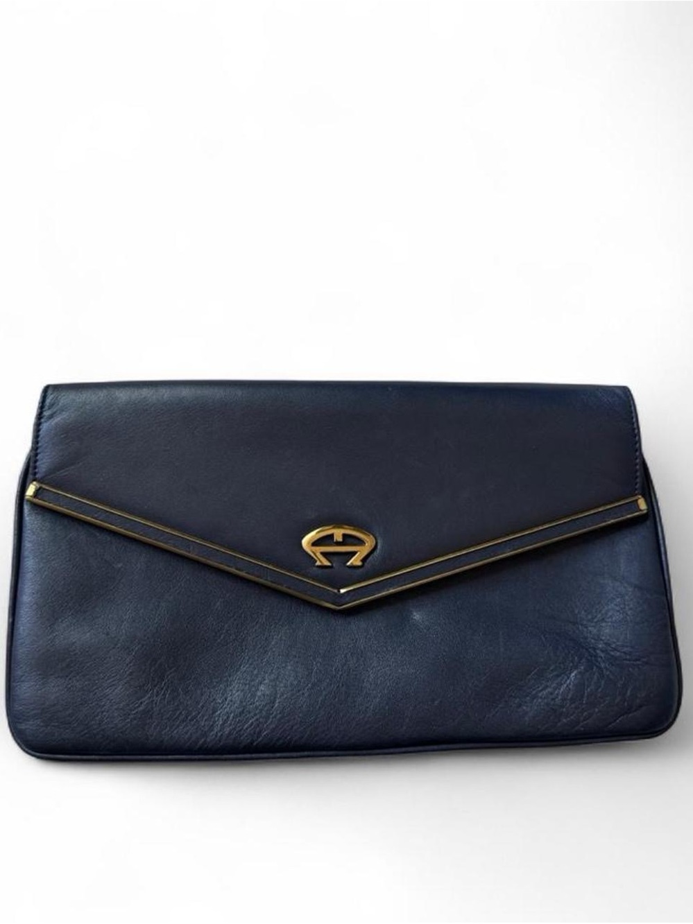 Etienne Aigner Navy Leather Envelope Clutch with‎ Gold Trim